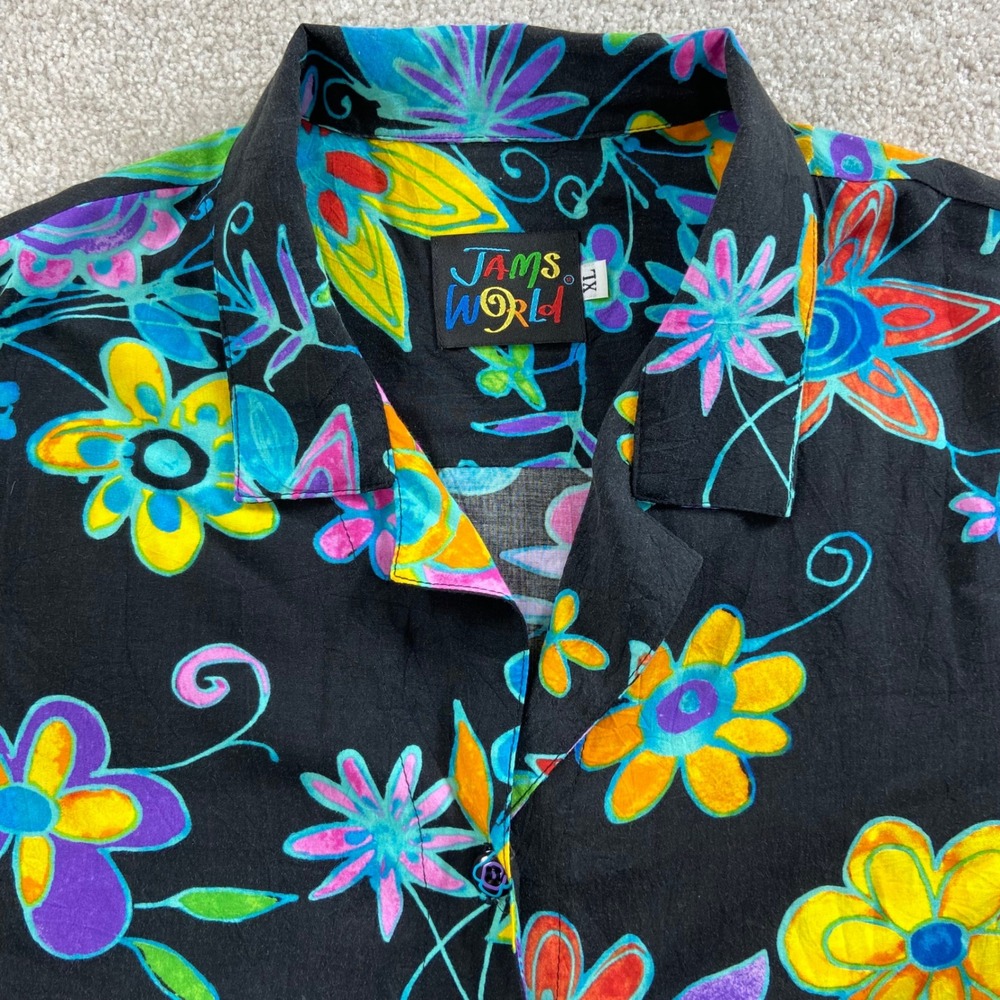 Jams World Button Down Shirt Womens XL Black Floral Rayon Made in Hawaii Aloha
